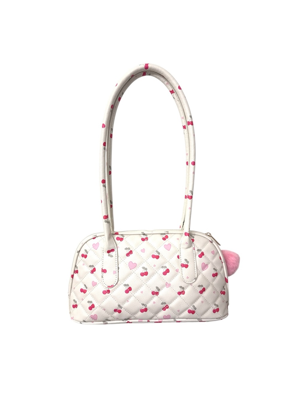 Cream Quilted Cherry Print Shoulder Bag with Pink Pom Pom - Picture 2 of 2